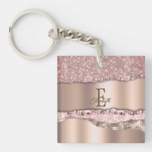 Trendy Roze Goud Diamanten Glitter Monogram Sleutelhanger