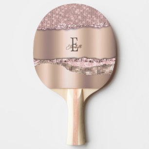 Trendy Roze Goud Diamanten Glitter Monogram Tafeltennisbatje