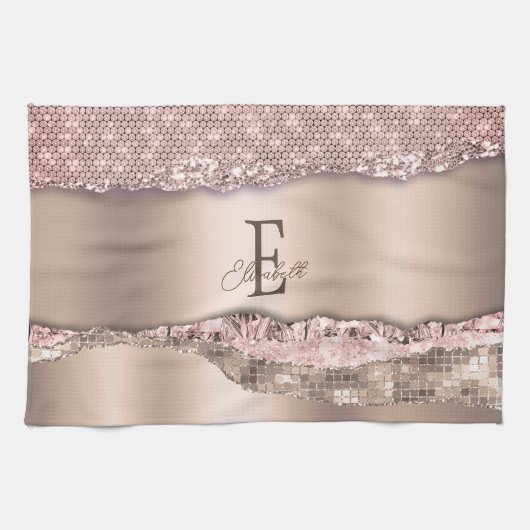 Trendy Roze Goud Diamanten Glitter Monogram Theedoek (Horizontaal)