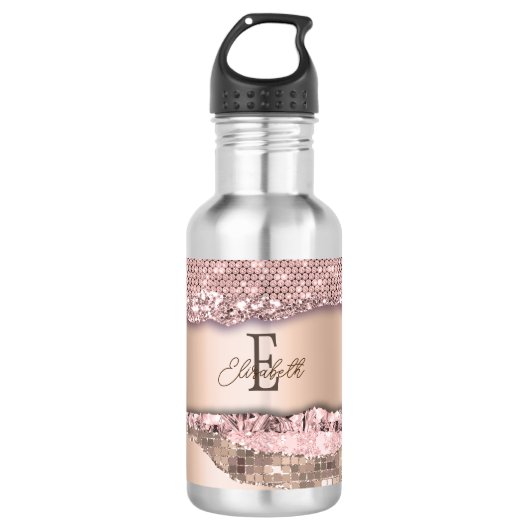 Trendy Roze Goud Diamanten Glitter Monogram Waterfles (Voorkant)