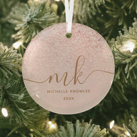 Trendy Roze Goud Glitter Fantasie Initialen en Naa Glas Ornament (Insitu)