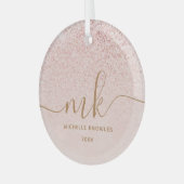 Trendy Roze Goud Glitter Fantasie Initialen en Naa Glas Ornament (Voorkant links)