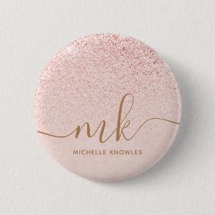 Trendy Roze Goud Glitter Fantasie Initialen en Naa Ronde Button 5,7 Cm