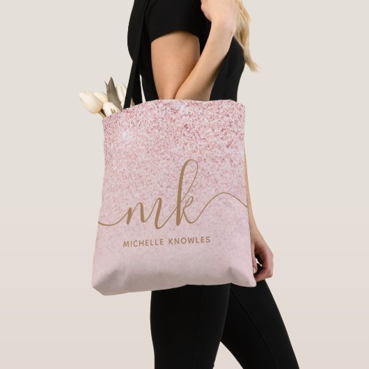Trendy Roze Goud Glitter Fantasie Initialen en Naa Tote Bag (Dichtbij)