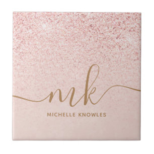 Trendy Roze Goud Glitter Fantasie Initiëlen en Naa Tegeltje