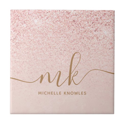 Trendy Roze Goud Glitter Fantasie Initiëlen en Naa Tegeltje (Voorkant)