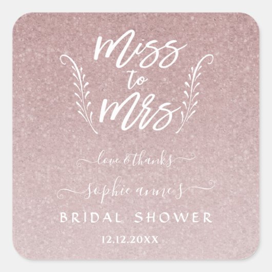 Trendy Roze Goud Miss To Mrs Bruidsfeest Vierkante Sticker (Voorkant)