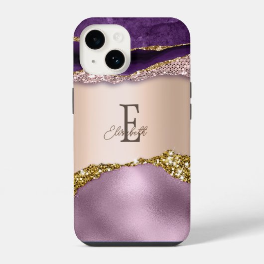 Trendy Roze Goud Paarse Glitters Monogram iPhone Hoesje (Achterkant)