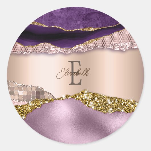 Trendy Roze Goud Paarse Glitters Monogram iPhone Ronde Sticker (Voorkant)
