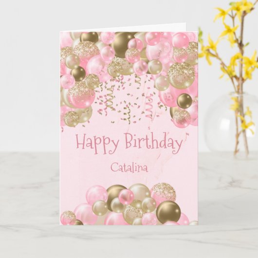 Trendy roze gouden ballonnen Verjaardag Kaart (Gele Bloem)