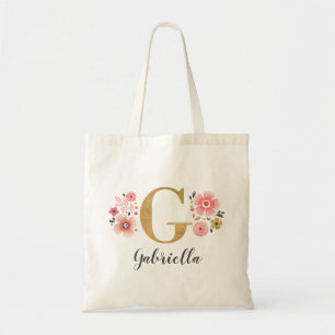 Trendy Roze Gouden Bloemige Monogram Naam Initiaal Tote Bag