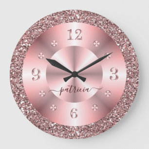 Trendy Roze Gouden Glitter Glans Gepersonaliseerde Grote Klok