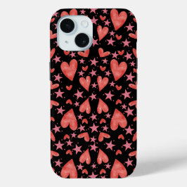 Trendy Roze Harten en Sterren Valentijn iPhone 15 Case