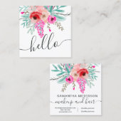 Trendy roze mint floral waterverf hallo script vierkante visitekaartje (Voorkant / Achterkant)