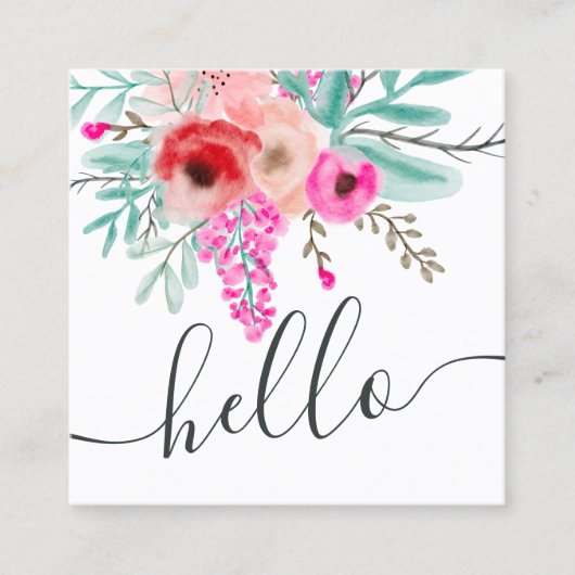 Trendy roze mint floral waterverf hallo script vierkante visitekaartje (Voorkant)