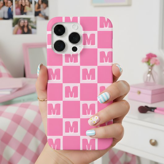 Trendy Roze Monogram Geruite Initiaal Case-Mate iPhone Case