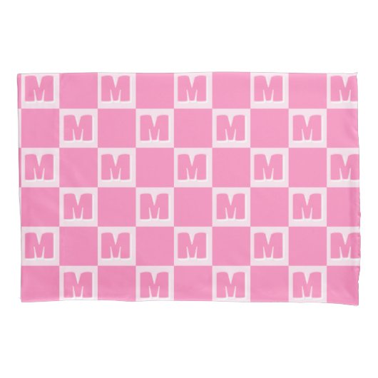 Trendy Roze Monogram Geruite Initiaal Kussensloop (Voorkant)