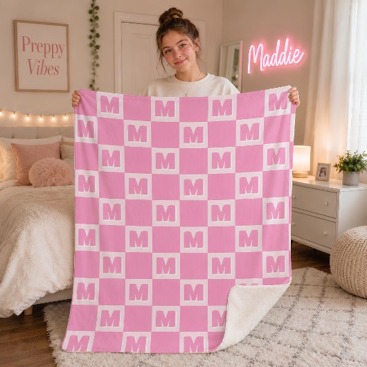 Trendy Roze Monogram Geruite Initiaal Sherpa Deken