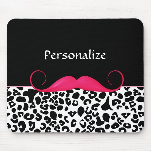 Trendy Roze Mustache Girly Leopard Print met naam Muismat (Voorkant)