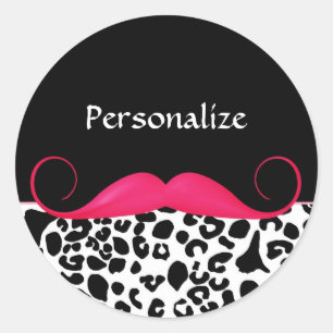 Trendy Roze Mustache Girly Leopard Print met naam Ronde Sticker