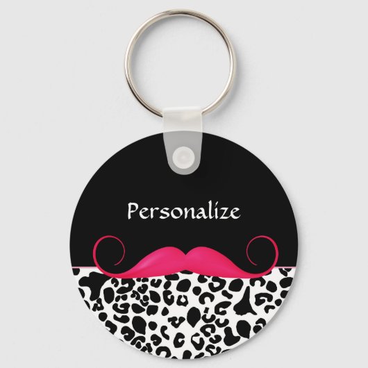 Trendy Roze Mustache Girly Leopard Print met naam Sleutelhanger (Voorkant)