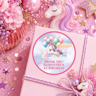 Trendy Roze Paarse Eenhoorn Meisje Verjaardagsfees Ronde Sticker