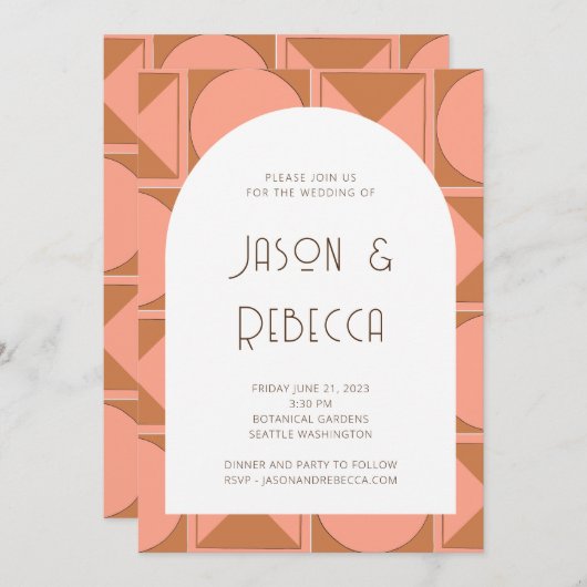 Trendy roze retro geometrisch alles in één bruilof kaart (Voorkant / Achterkant)