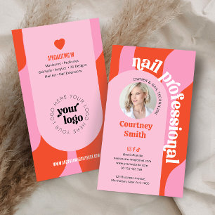 Trendy Roze & Rode Retro Nail Artist Salon Foto Visitekaartje