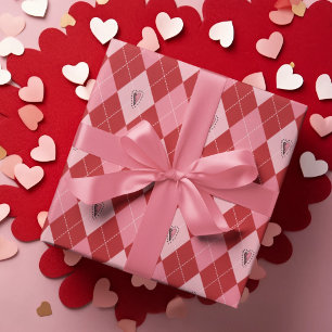 Trendy Roze Rood Grote Argyle Harten Patroon Kinde Cadeaupapier