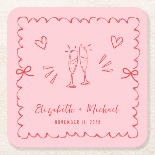 Trendy Roze Rood Wavy Lijst bruiloft Kartonnen Onderzetters (Voorkant)