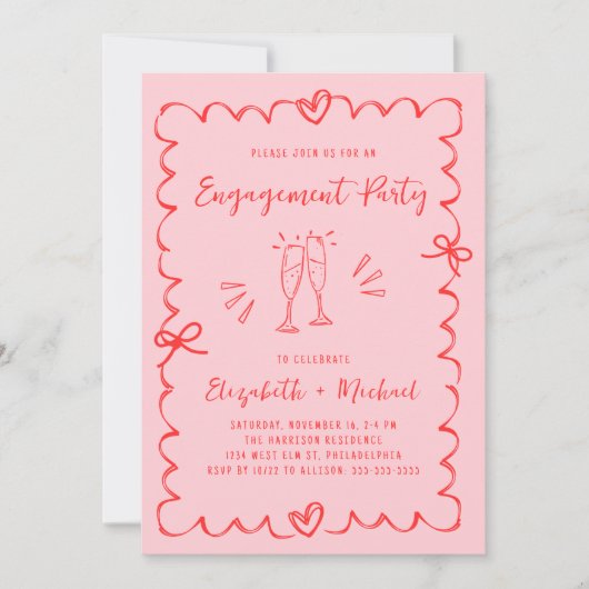 Trendy Roze Rood Wavy Lijst Engagement Party Kaart (Voorkant)