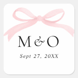 Trendy Roze Roos Lint Waterverf Monogram Bruiloft Vierkante Sticker