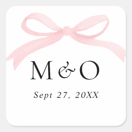 Trendy Roze Roos Lint Waterverf Monogram Bruiloft Vierkante Sticker (Voorkant)