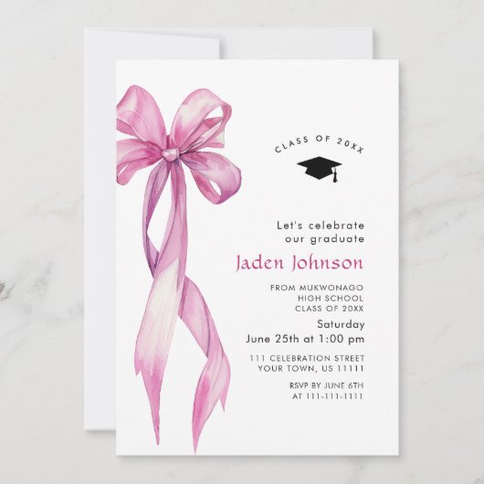 Trendy Roze Rose Bow Ribbon FOTO Afstudeerfeest Kaart (Voorkant)