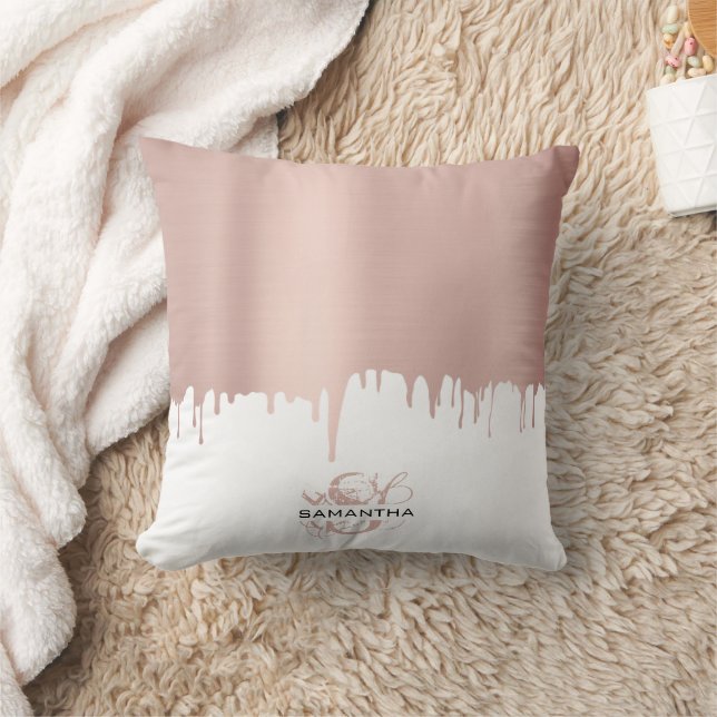 Trendy Roze Roze Gouden Metallic Druppels Monogram Kussen (Deken)