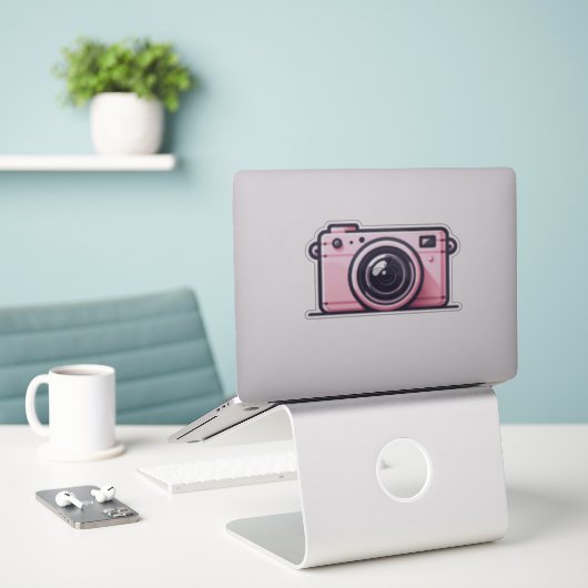 Trendy roze snapshot camera fotografie sticker (Laptop op bureau)