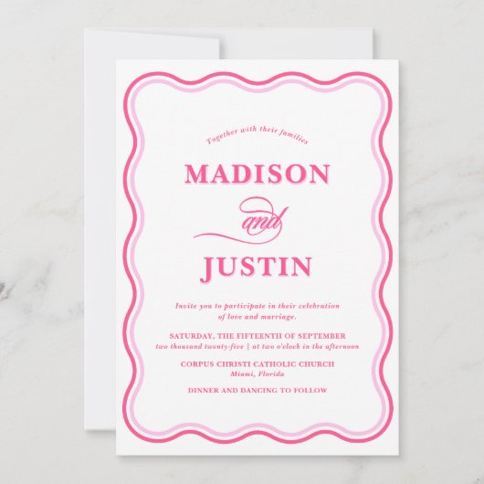 Trendy Roze Squiggle Curves Wavy Bruiloft Kaart (Voorkant)