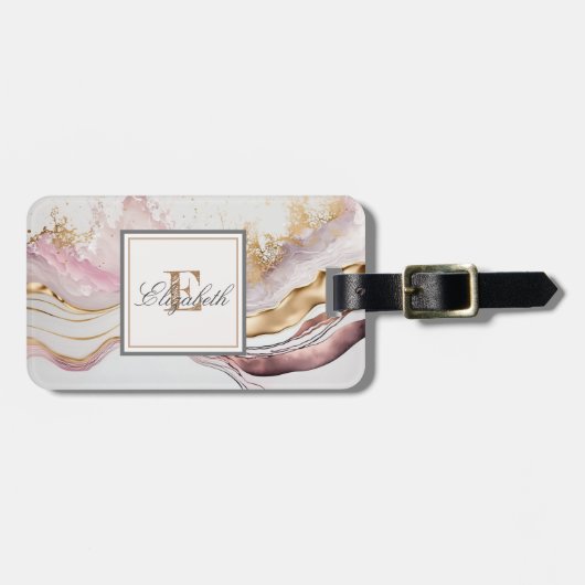 Trendy roze steen marmer textuur, monogram bagagelabel (Voorkant horizontaal)