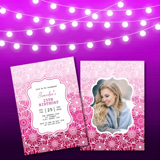 Trendy roze strepen bloemenfoto Verjaardag Kaart