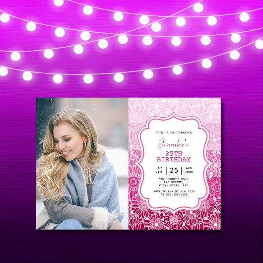 Trendy roze strepen bloemig Lijst Foto Verjaardag Kaart