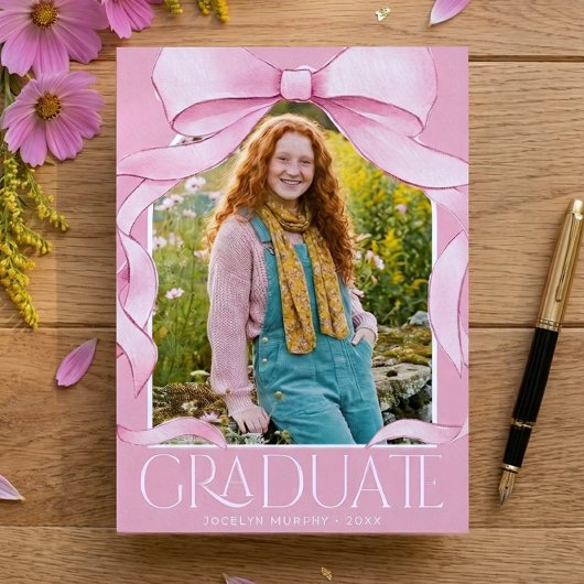 Trendy Roze Strik Afstudeerfoto Aankondiging