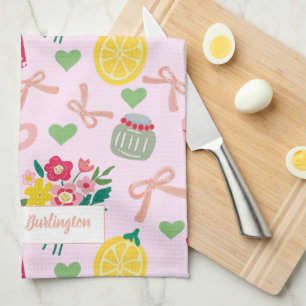 Trendy roze strik bloemen handgetekend patroon cit theedoek