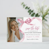 Trendy Roze Strik Foto Afstuderen Save The Date (Staand voorkant)