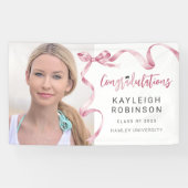 Trendy Roze Strik Foto Afstuderen Spandoek (Horizontaal)