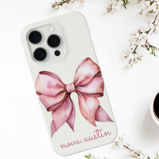 Trendy Roze Strik Met Naam Initiaal iPhone 15 Pro Case