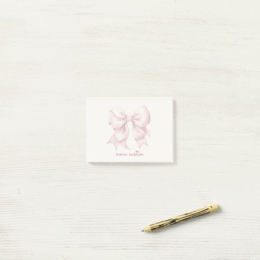 Trendy Roze Strik Met Naam Monogram Gepersonalisee Post-it® Notes (Op bureau)