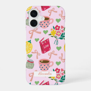 Trendy roze strikblommen handgetekend citroenpatro iPhone 16 hoesje