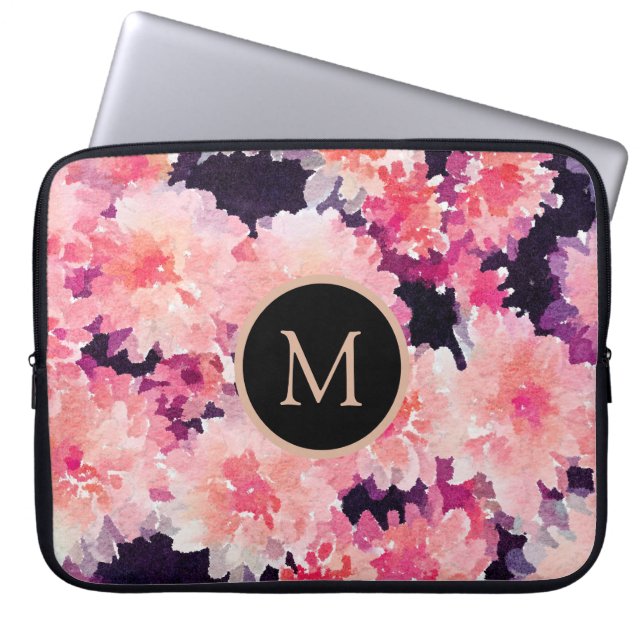 Trendy roze waterverf flory monogram laptop sleeve (Voorkant)