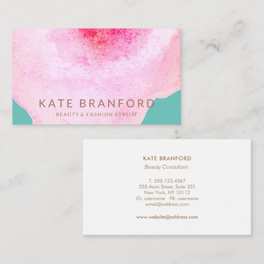Trendy roze Waterverf Grote Floral Kunst Visitekaartje (Voorkant / Achterkant)