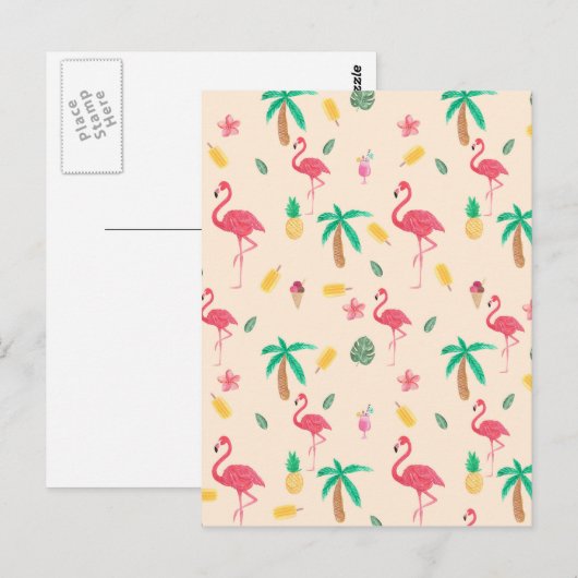 Trendy roze waterverf tropische flamingo floral briefkaart (Voorkant / Achterkant)